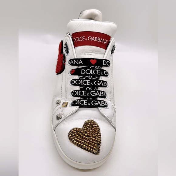 Dolce & Gabbana White Leather Portofino Gold RedHeart Low Top Sneakers Size 38 - Picture 8 of 13